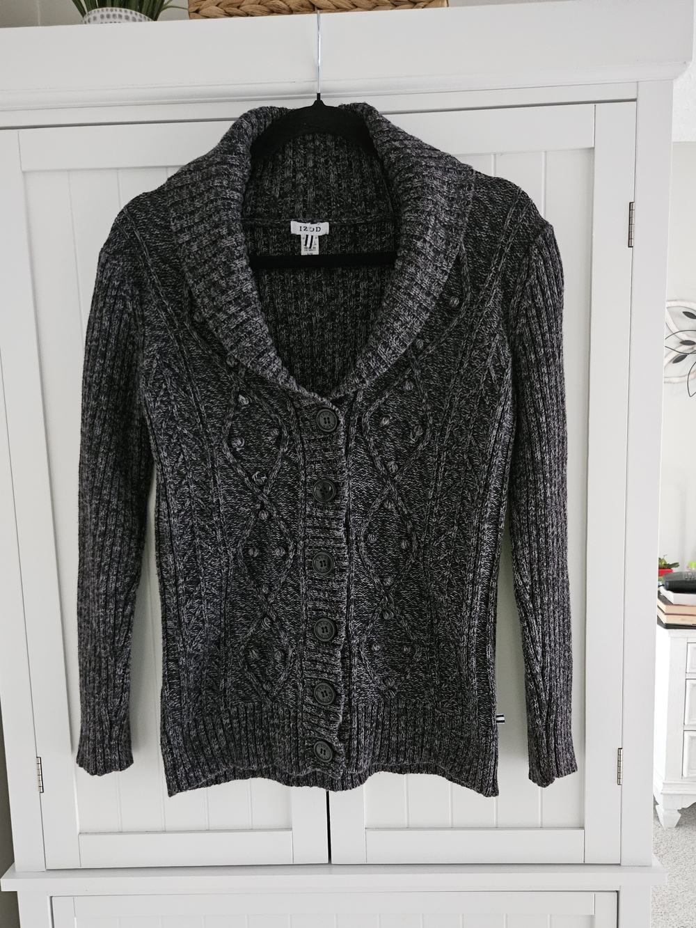 Izod Women's Charcoal Cable Knit Shawl Collar Cardigan